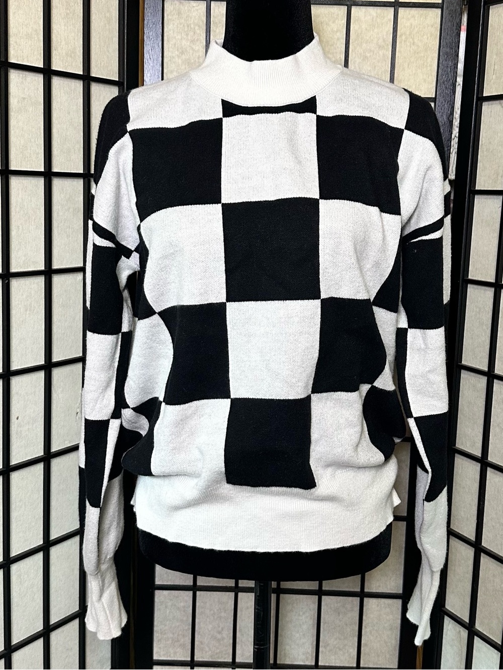Black & White Checkerboard Mock Neck Sweater
